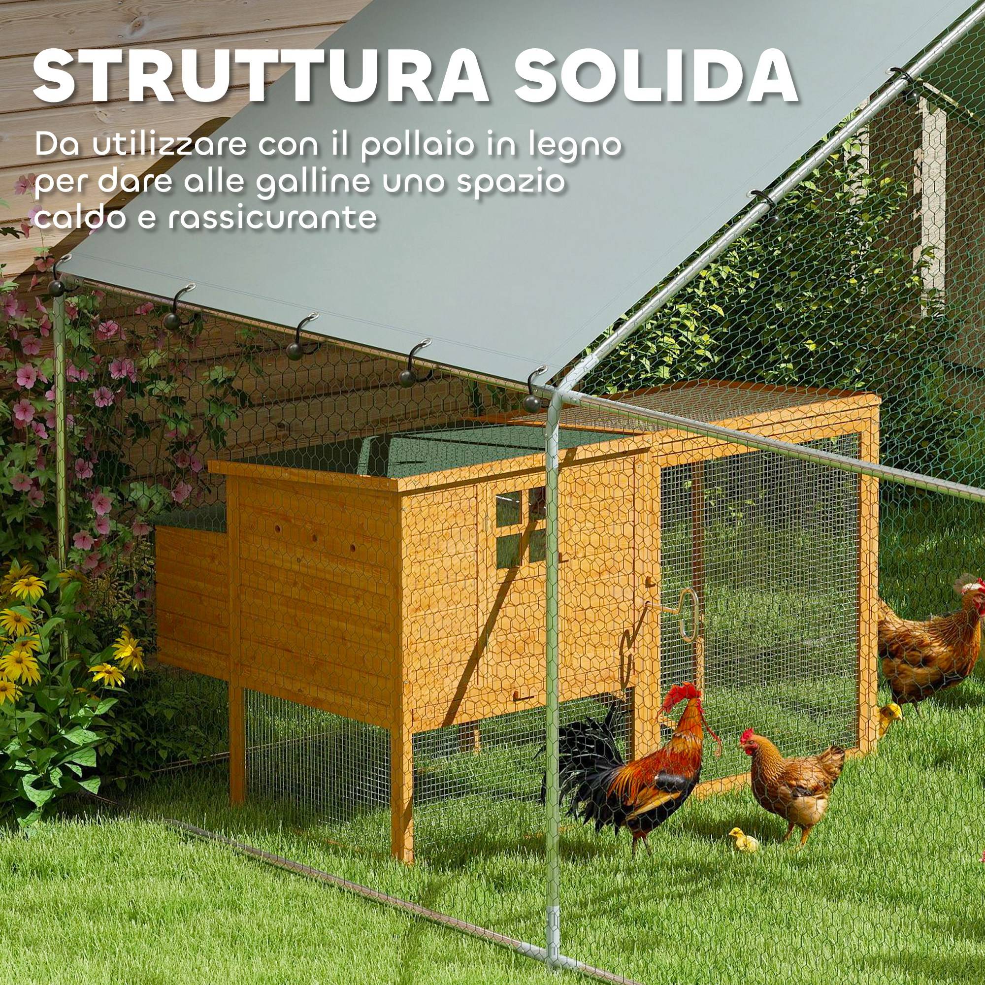 Poulailler de 10,2 m² pour 10 à 15 poules, avec toit étanche, structure en acier et tissu, dimensions : 3 x 3,4 x 1,9 m, couleur argent. - Image 7