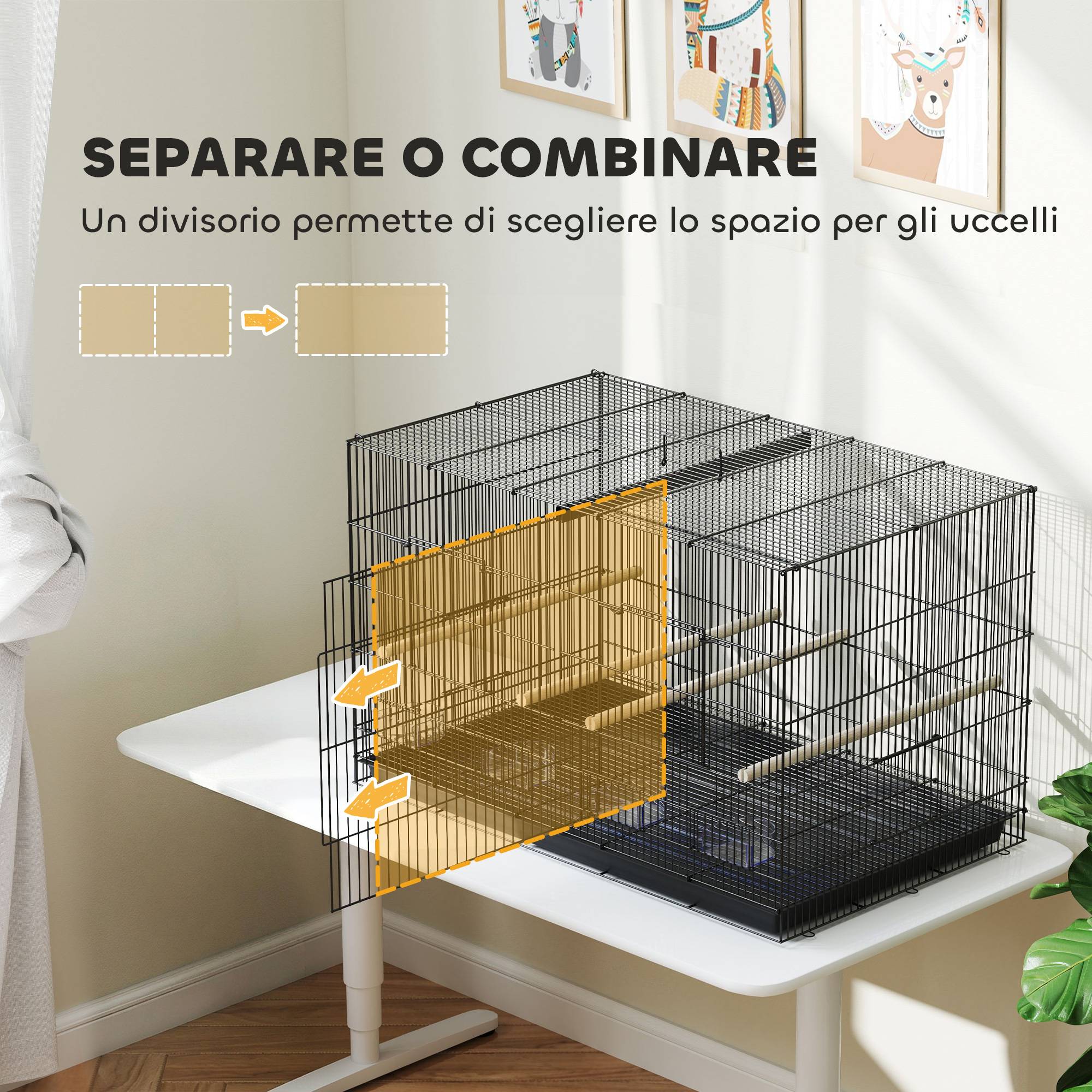 Cage pour oiseaux avec séparateur et étagère inférieure, en acier et PP, 94x57x57 cm, noir - Image 6