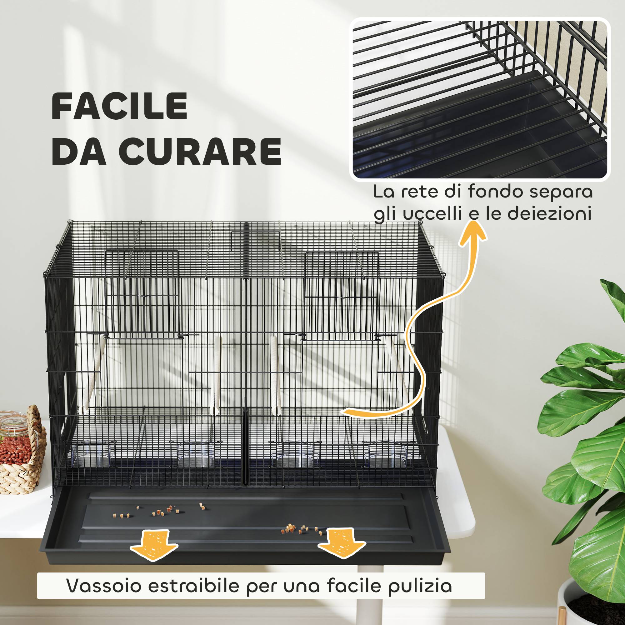 Cage pour oiseaux avec séparateur et étagère inférieure, en acier et PP, 94x57x57 cm, noir - Image 9