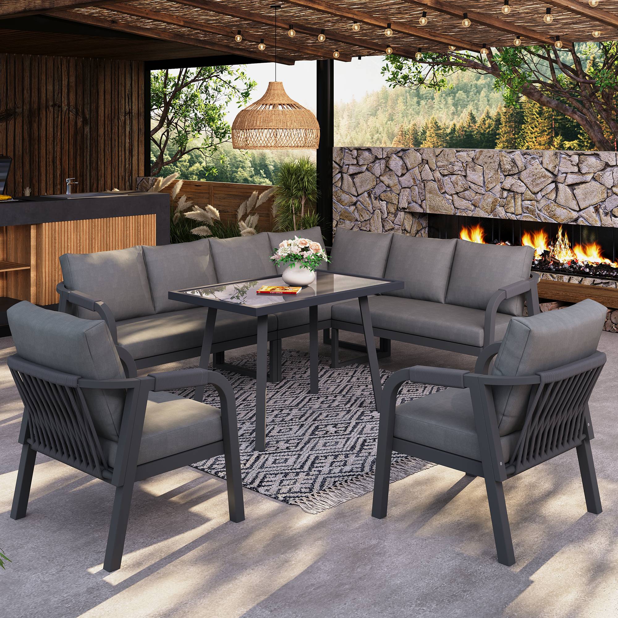 Salon de jardin 8 places Acier et Corde pour terrasse et jardin Repas et détente Gris - ComfortXL Outdoor Living - Image 1