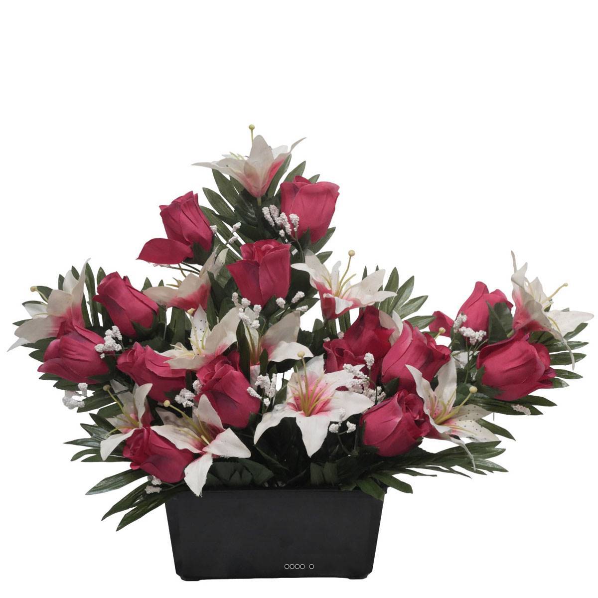 Artificielles - Devant de tombe de Rose et Lys tigré Rose fushia artificiels pour la Toussaint - couleur: Rose fushia 730 - Imagen 2