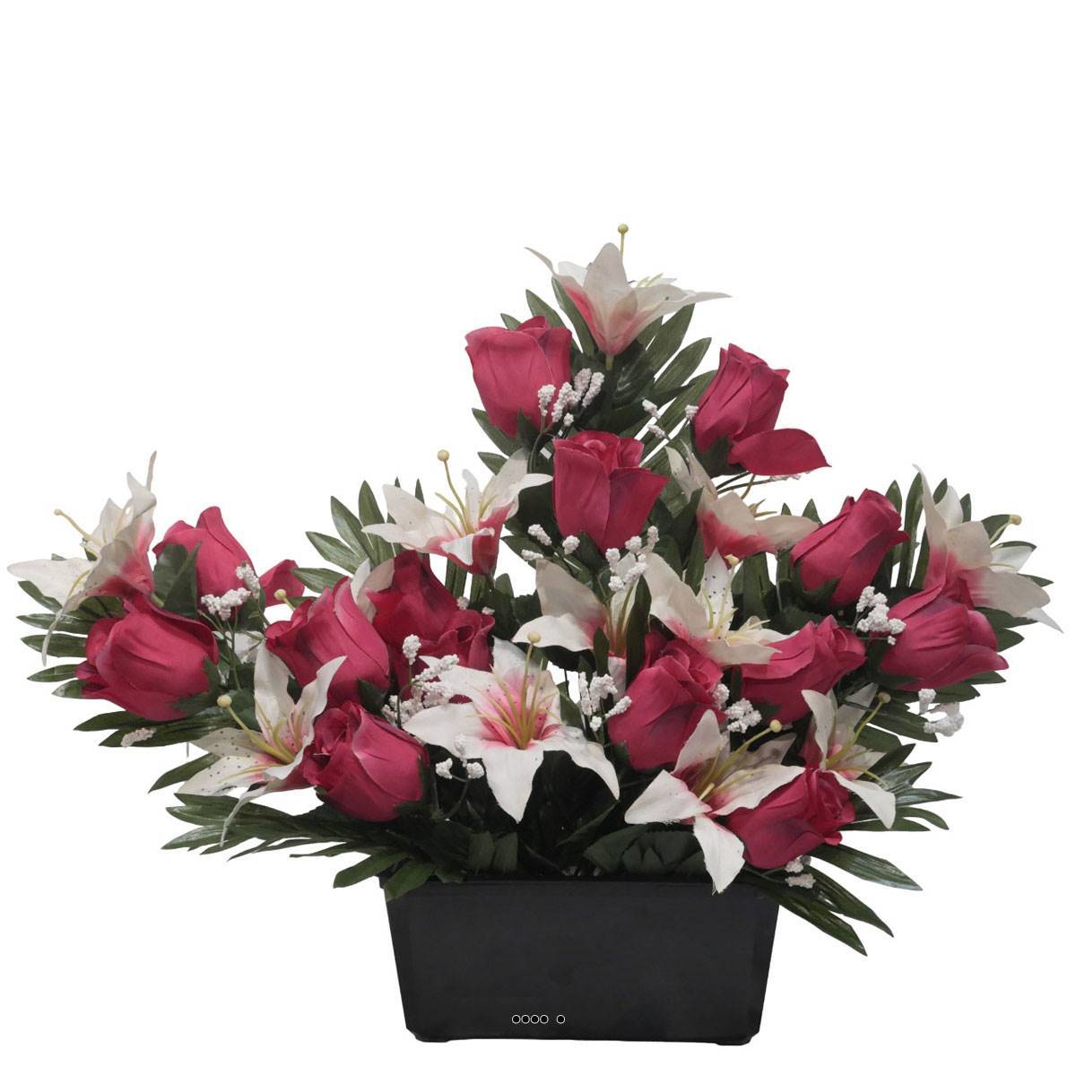 Artificielles - Devant de tombe de Rose et Lys tigré Rose fushia artificiels pour la Toussaint - couleur: Rose fushia 730 - Imagen 1