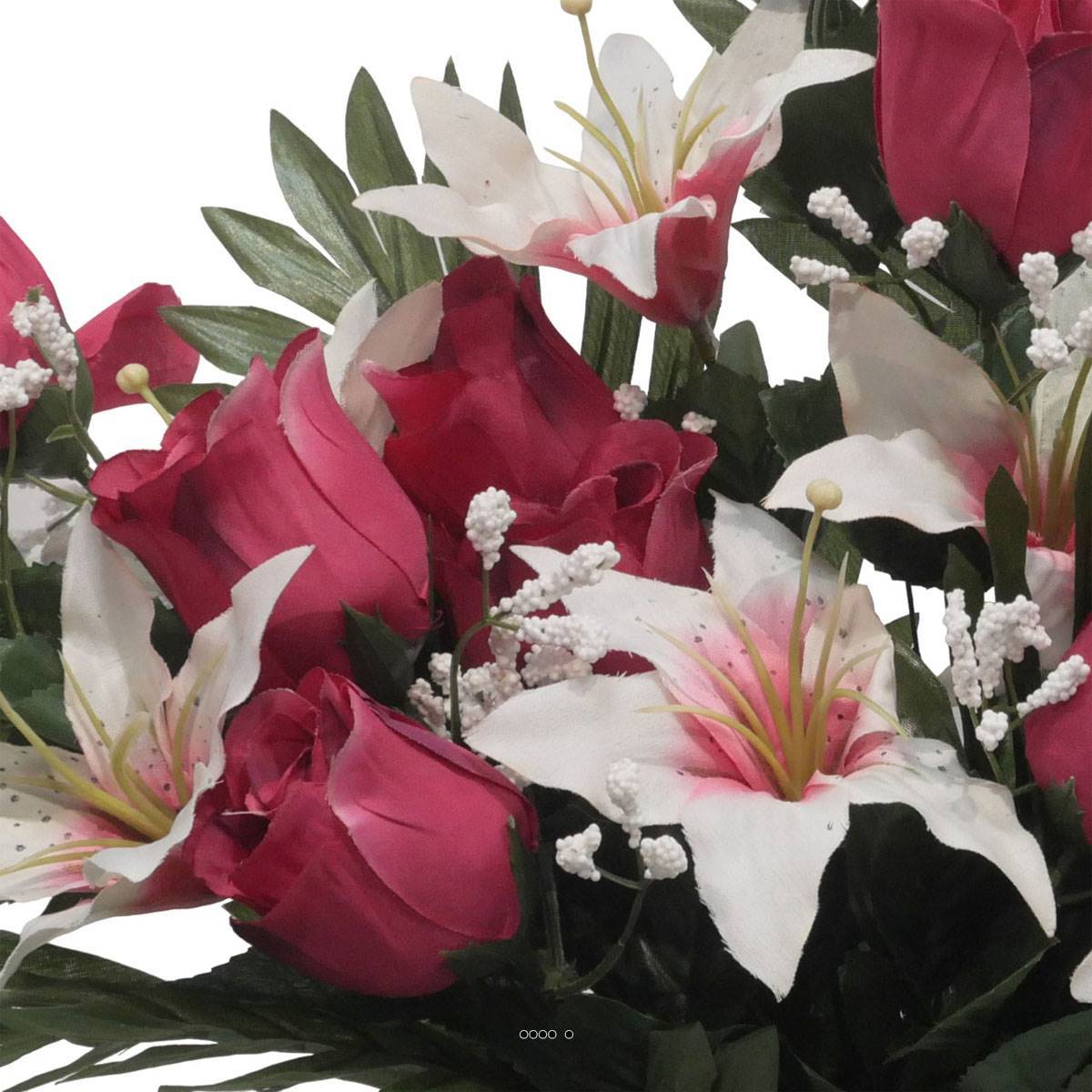 Artificielles - Devant de tombe de Rose et Lys tigré Rose fushia artificiels pour la Toussaint - couleur: Rose fushia 730 - Imagen 3