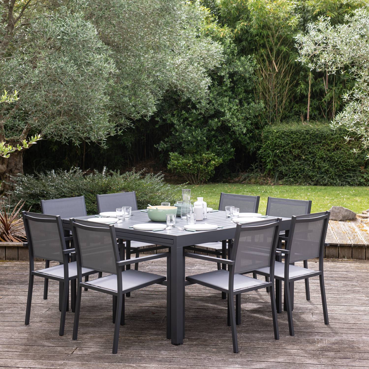 Happy Garden - Salon de jardin extensible 10 places de 140/200cm en textilène gris - aluminium anthracite VENEZIA - HAPPY GARDEN - Imagen 4