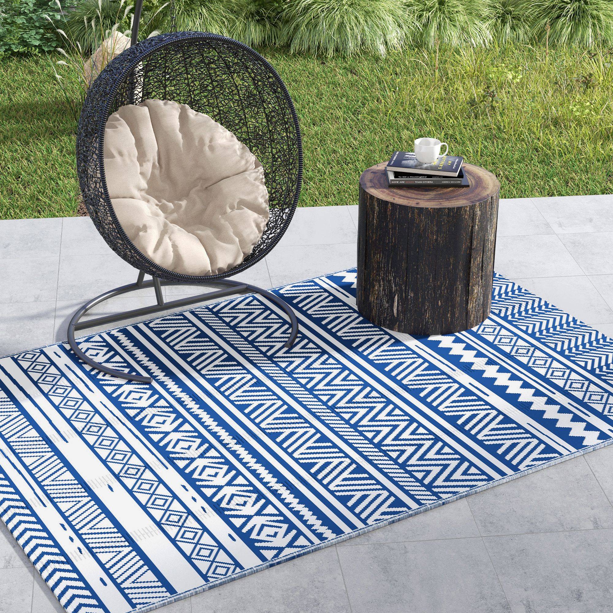 Tapis extérieur réversible Polypropylène Jardin terrasse Motif 182x274cm Bleu - ComfortXL Outdoor Living - Image 3