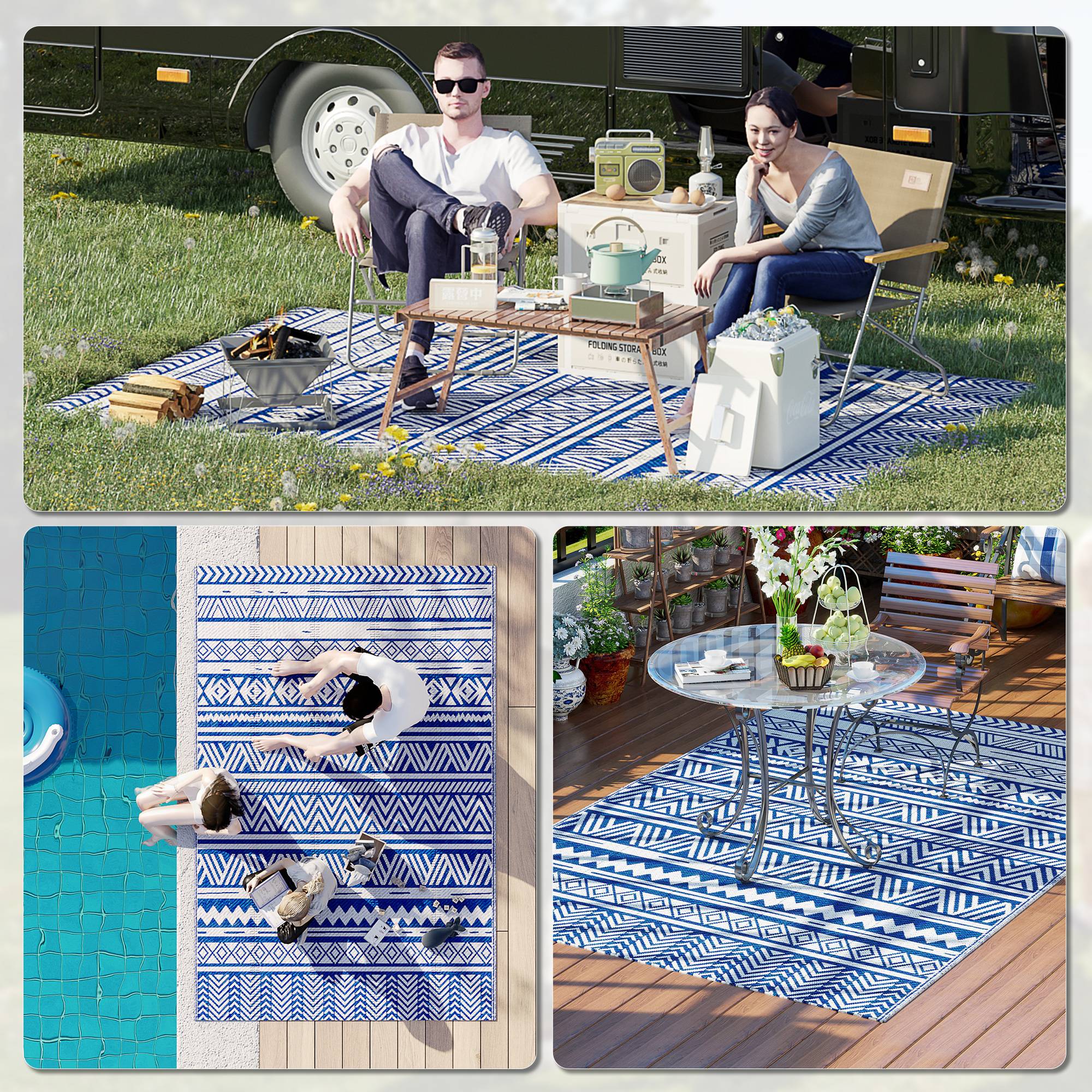 Tapis extérieur réversible Polypropylène Jardin terrasse Motif 182x274cm Bleu - ComfortXL Outdoor Living - Image 9