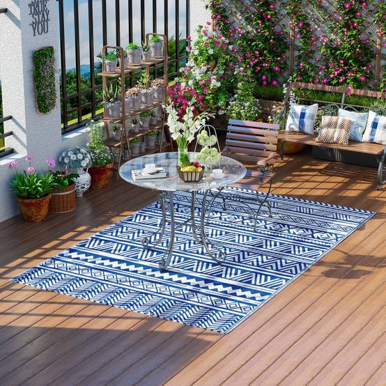 Tapis extérieur réversible Polypropylène Jardin terrasse Motif 182x274cm Bleu - ComfortXL Outdoor Living - Image 1