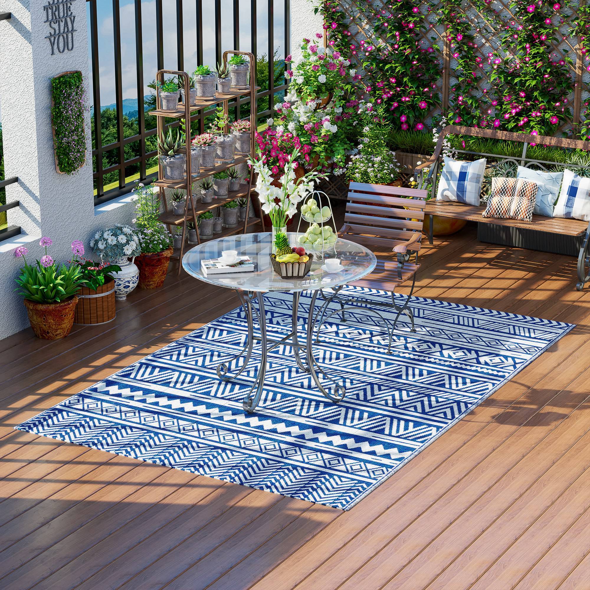 Tapis extérieur réversible Polypropylène Jardin terrasse Motif 182x274cm Bleu - ComfortXL Outdoor Living - Image 4