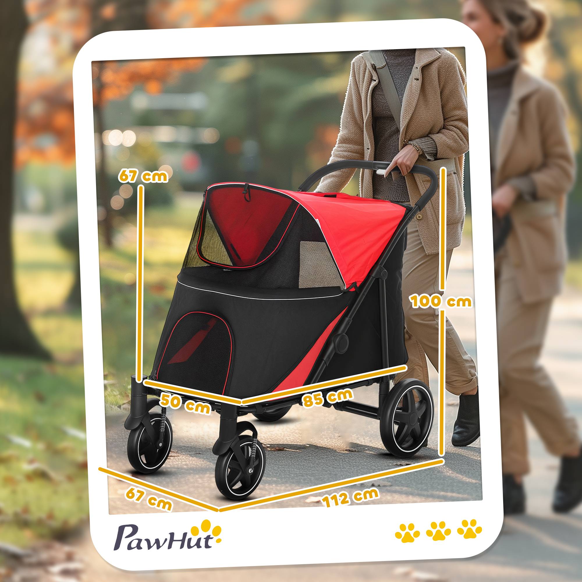 ComfortXL - Poussette pour chien pliable en acier et tissu Oxford rouge 112 x 67 x 100 cm pliage 1 clic freins et 2 laisses - Image 3