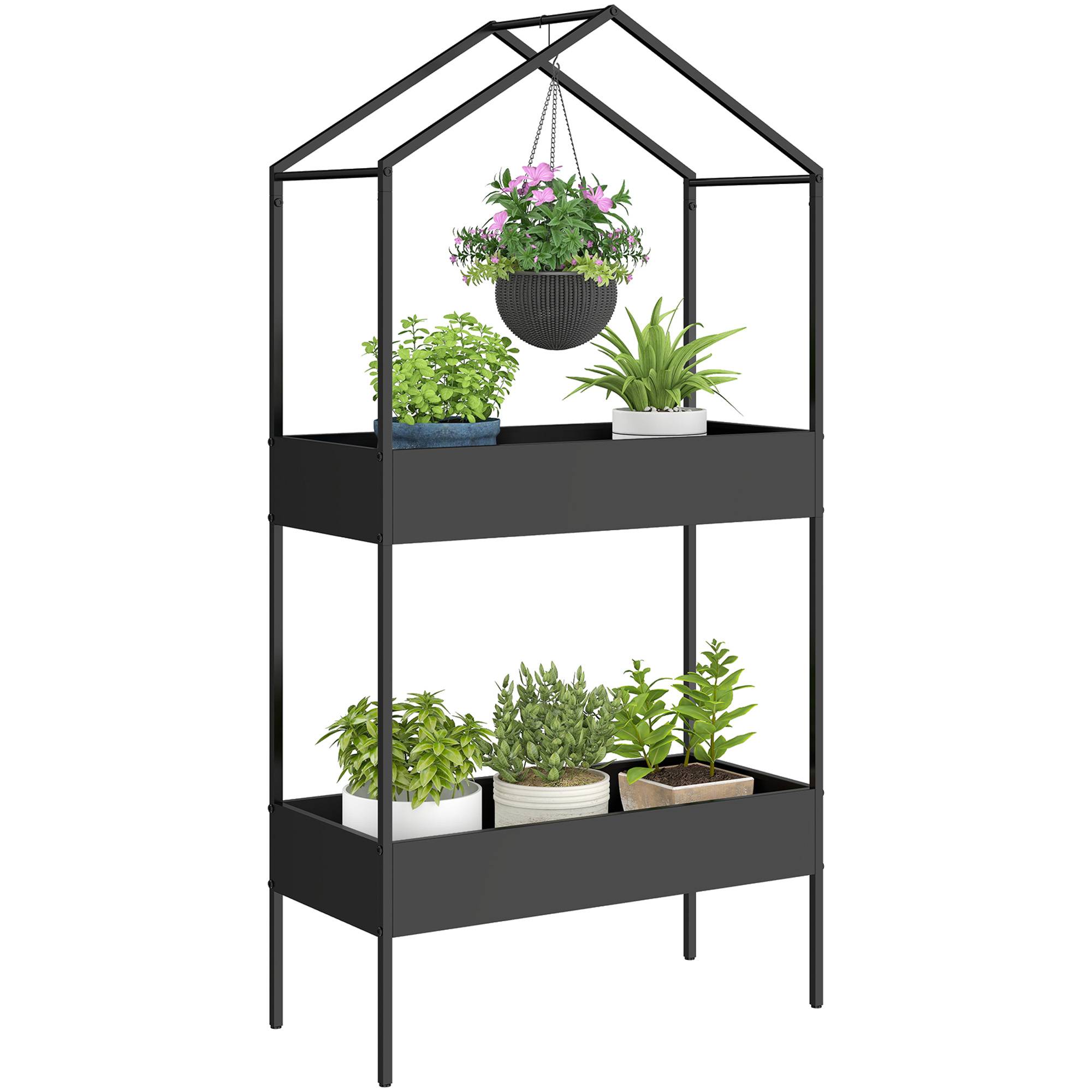 Étagère à plantes 2 niveaux maison, 150 cm, crochets, métal noir - Image 1