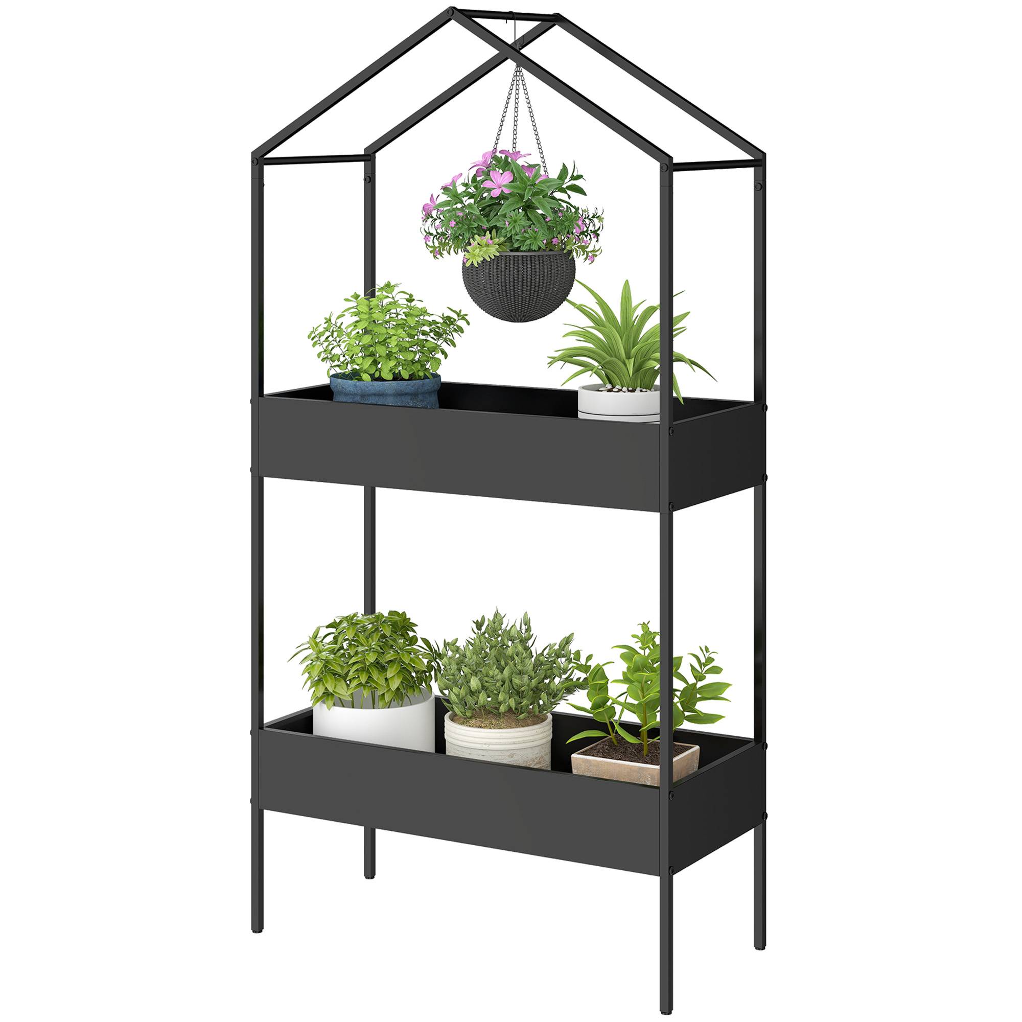 Étagère à plantes 2 niveaux maison, 150 cm, crochets, métal noir - Image 2