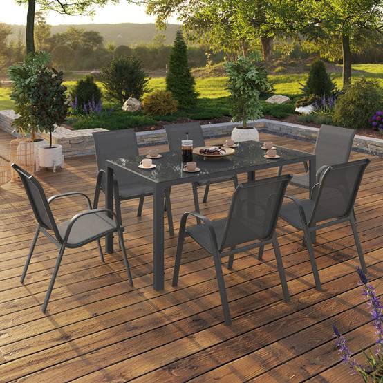 Salon de jardin MADRID table 150 CM et 6 chaises empilables gris anthracite - Image 1