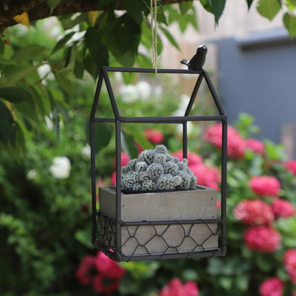 Jardinière extérieure pot fleurs jardin bois métal marron 12x12x20.5cm Chemin de campagne - Imagen 3