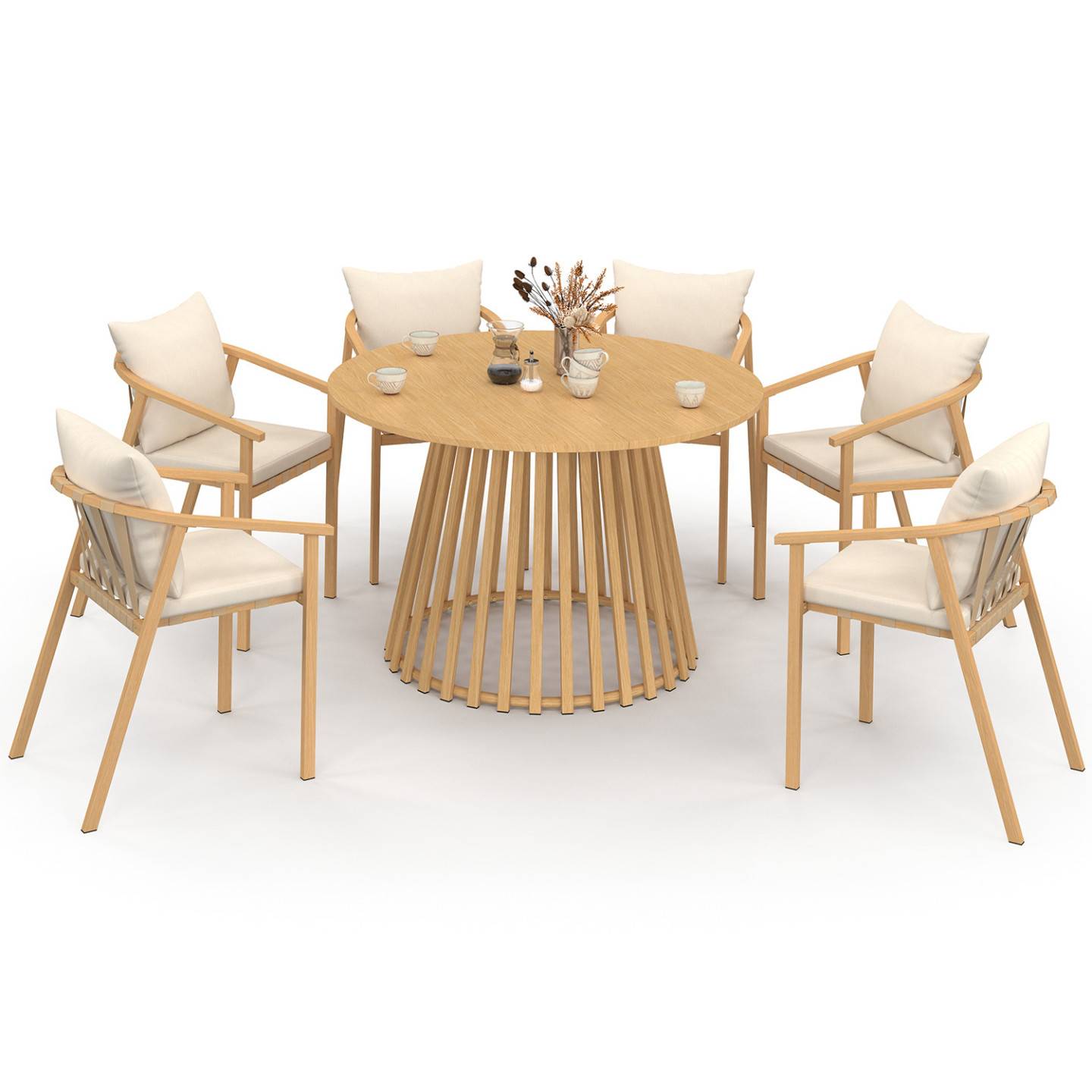 Salon de jardin SOLAL table ronde 120 cm avec pied lattes en métal et 6 chaises de jardin avec lanières et coussins beiges - Image 2