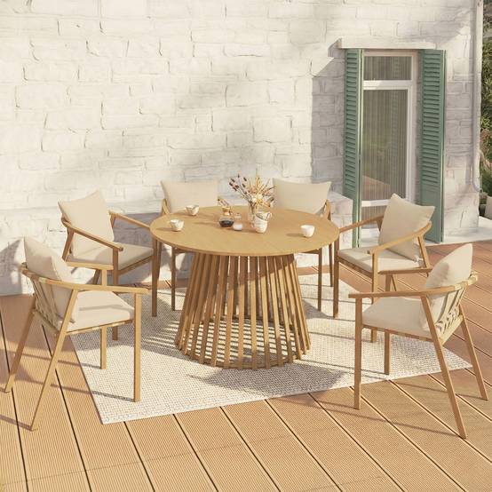 Salon de jardin SOLAL table ronde 120 cm avec pied lattes en métal et 6 chaises de jardin avec lanières et coussins beiges - Image 1