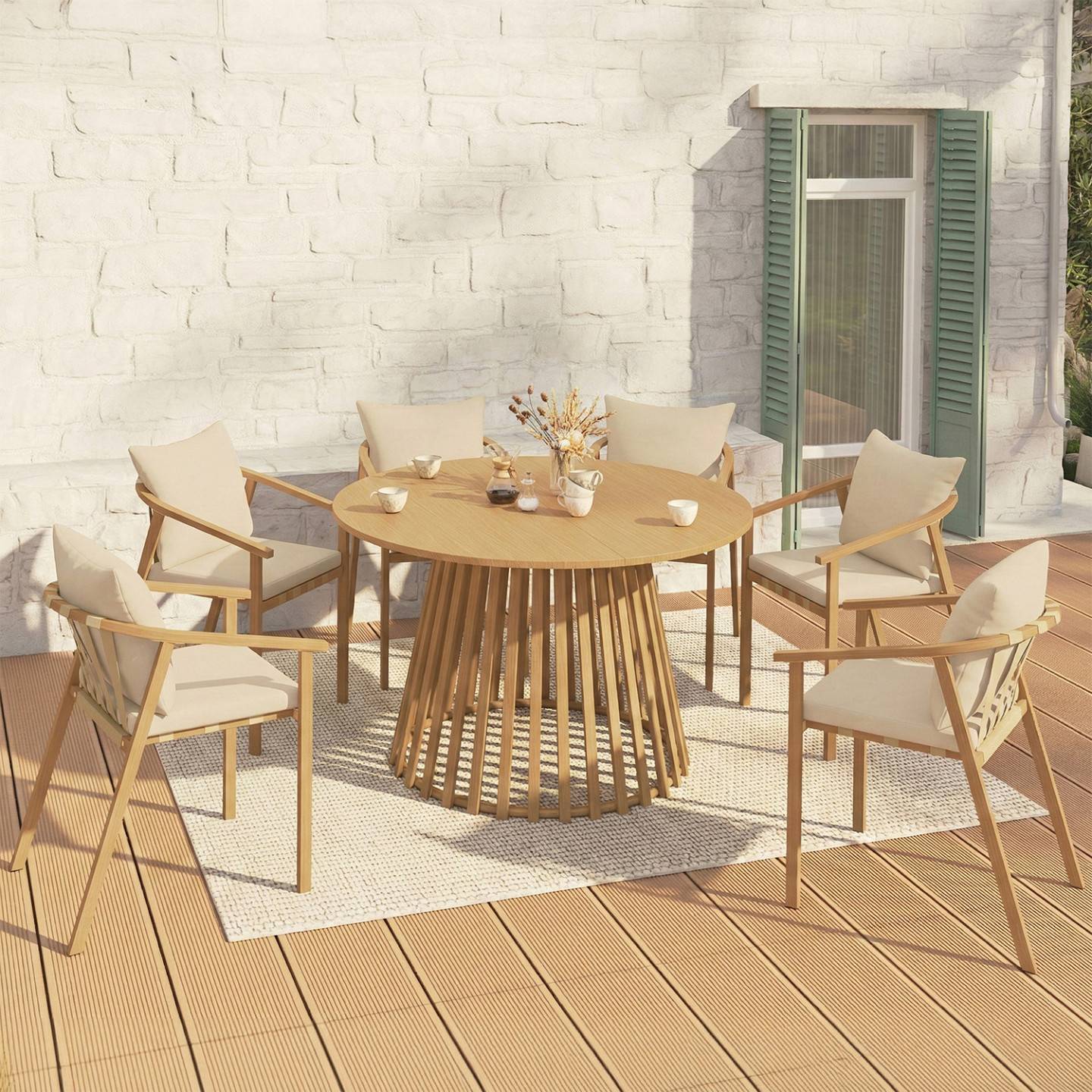 Salon de jardin SOLAL table ronde 120 cm avec pied lattes en métal et 6 chaises de jardin avec lanières et coussins beiges - Image 1