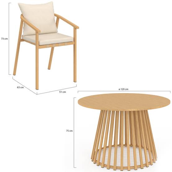 Salon de jardin SOLAL table ronde 120 cm avec pied lattes en métal et 6 chaises de jardin avec lanières et coussins beiges - Image 5