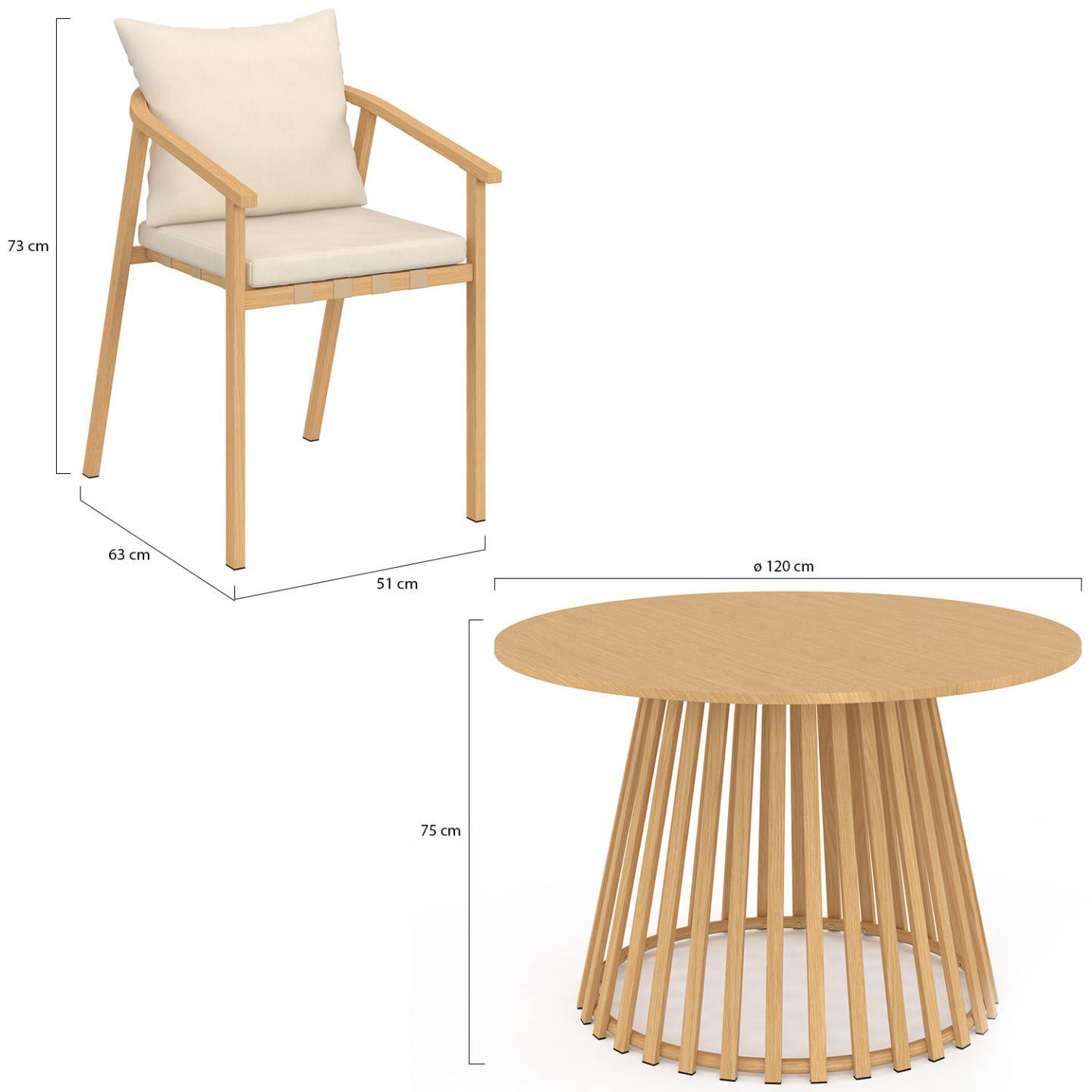 Salon de jardin SOLAL table ronde 120 cm avec pied lattes en métal et 6 chaises de jardin avec lanières et coussins beiges - Image 5