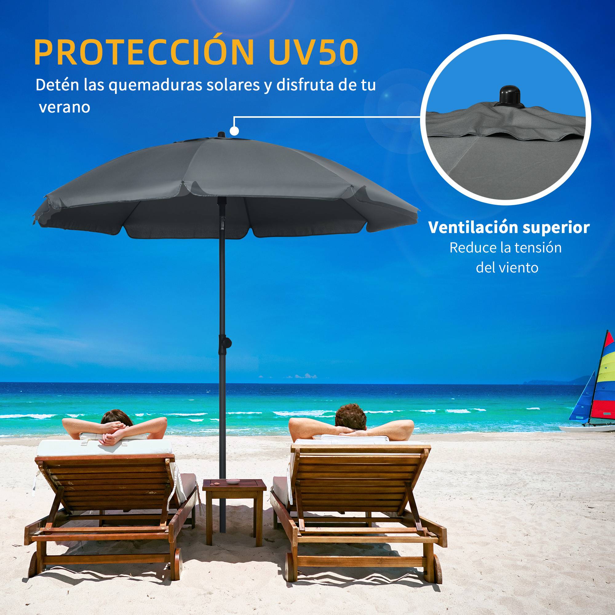 Parasol plage UV50+, mat Ø32 mm, toit ajustable Ø180x209 cm, gris fonce - Image 6