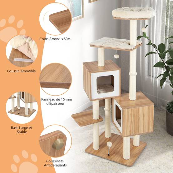 Arbre à Chat en Bois 163 CM avec 3 Plateformes, 2 Niches, 3 Balles, Naturel - Image 7