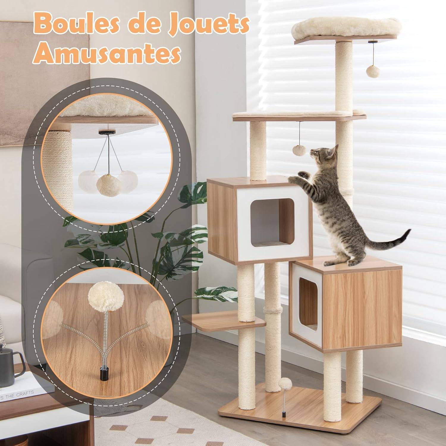 Arbre à Chat en Bois 163 CM avec 3 Plateformes, 2 Niches, 3 Balles, Naturel - Image 6