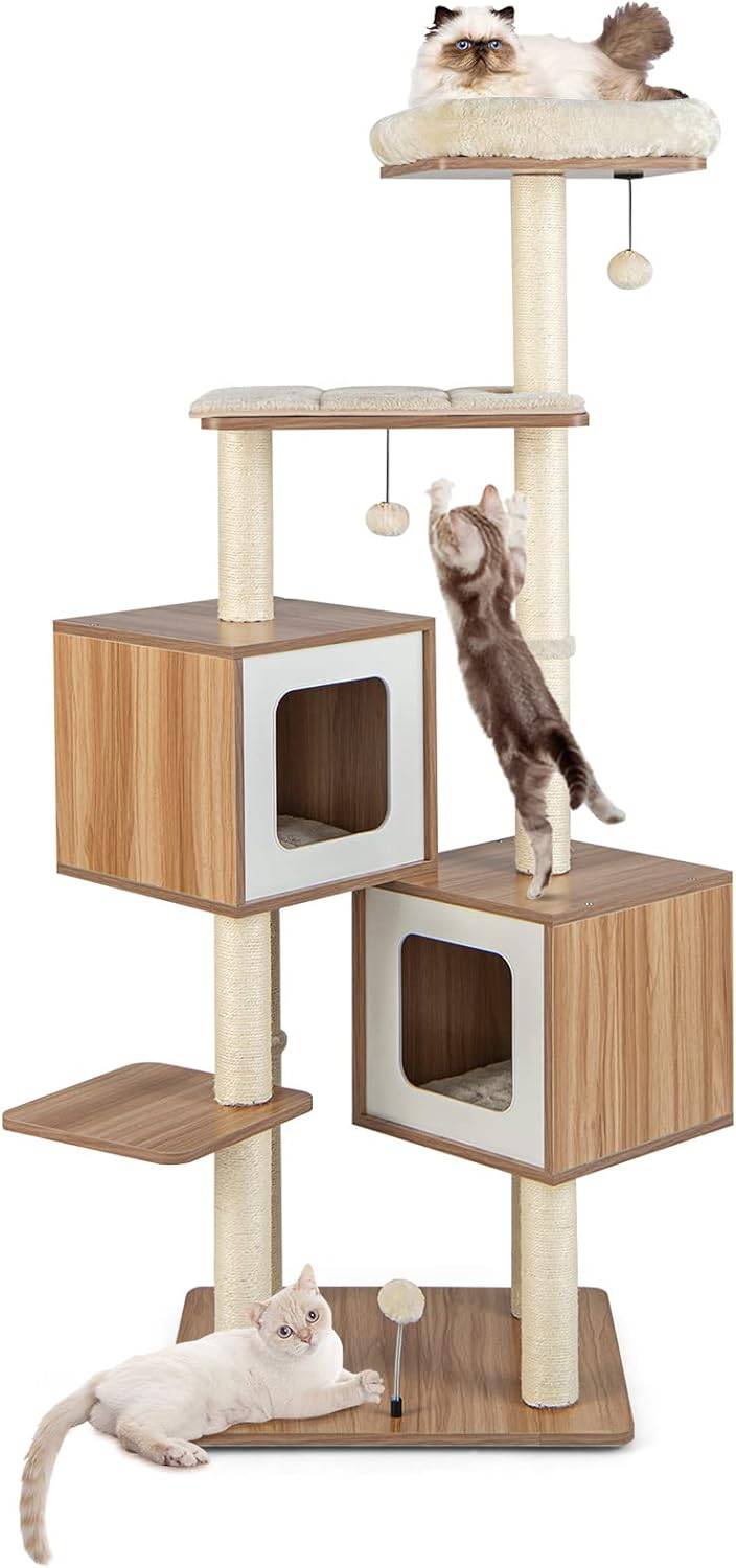 Arbre à Chat en Bois 163 CM avec 3 Plateformes, 2 Niches, 3 Balles, Naturel - Image 1