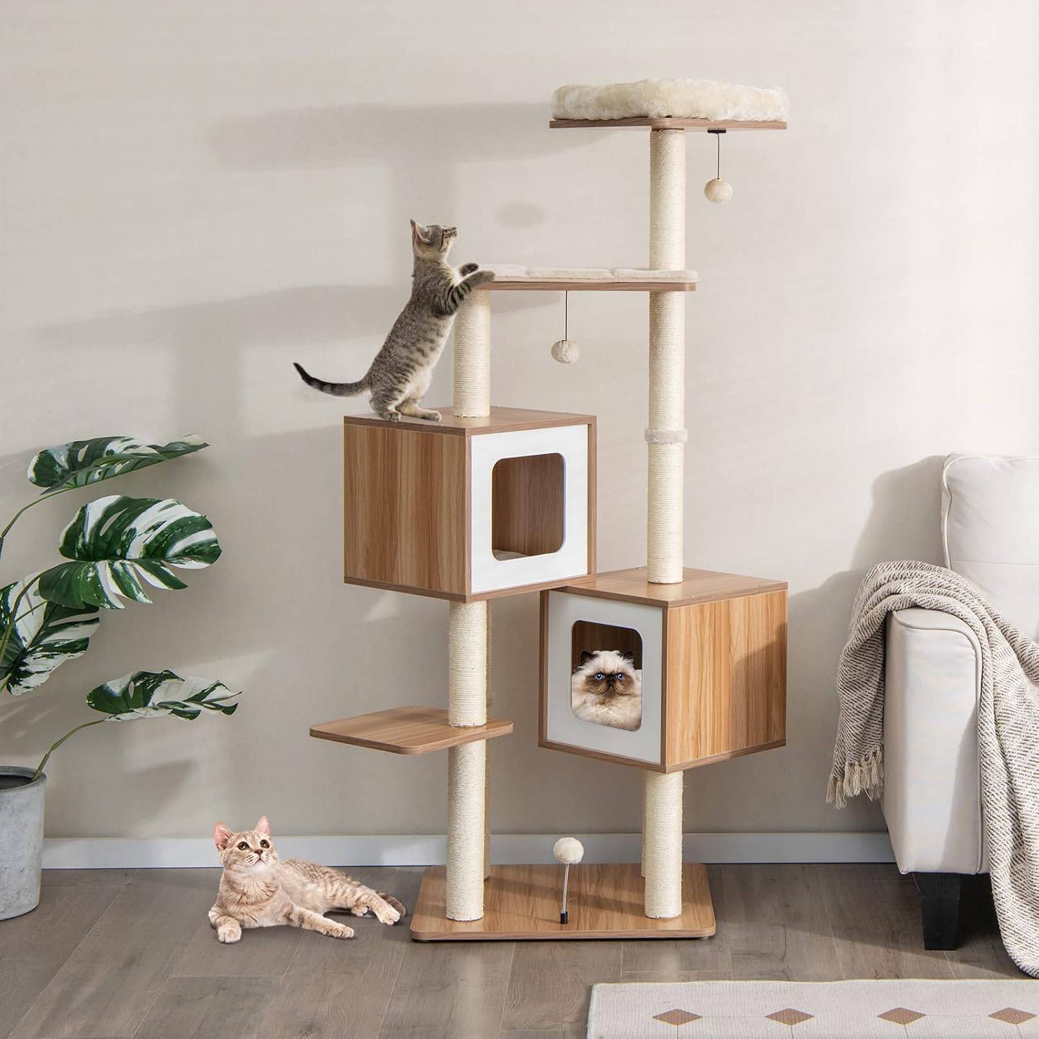 Arbre à Chat en Bois 163 CM avec 3 Plateformes, 2 Niches, 3 Balles, Naturel - Image 2