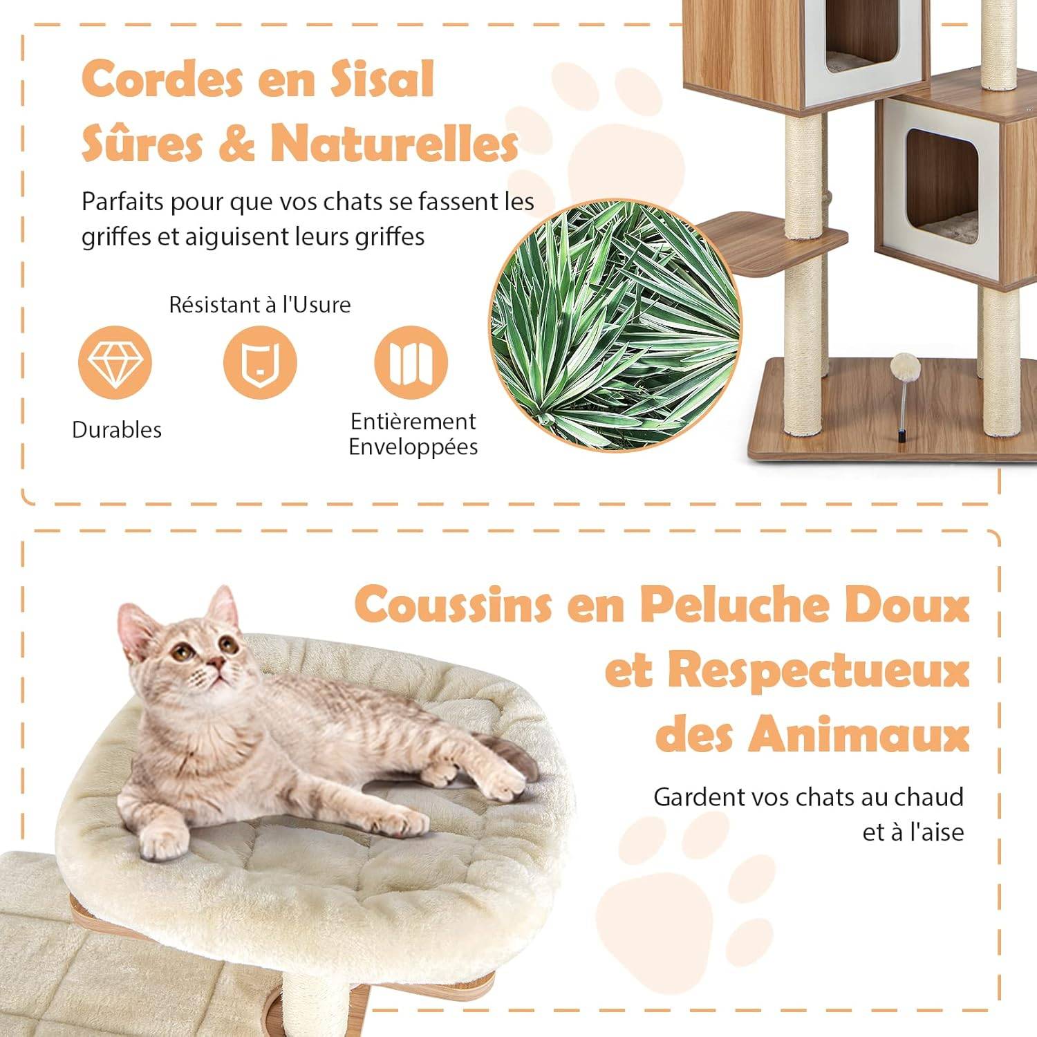 Arbre à Chat en Bois 163 CM avec 3 Plateformes, 2 Niches, 3 Balles, Naturel - Image 4