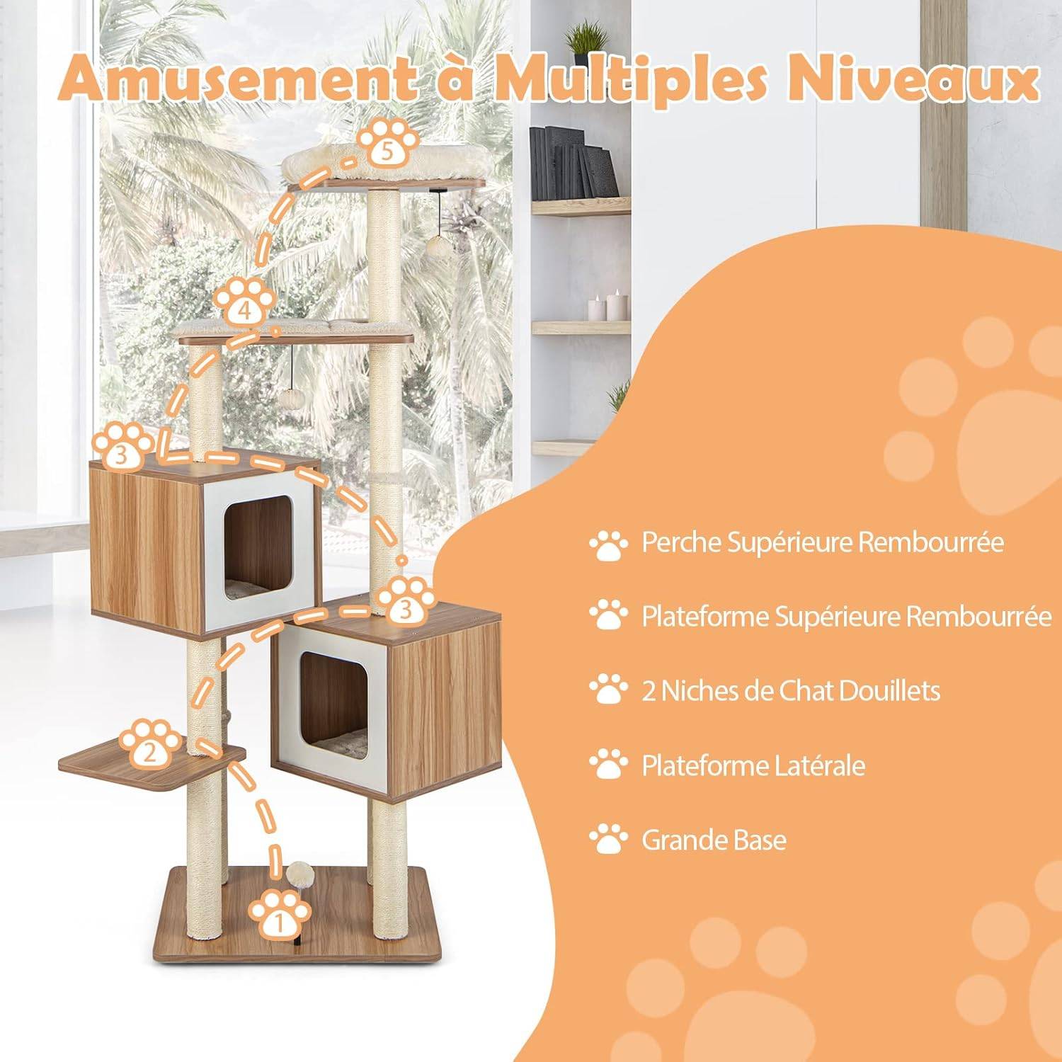 Arbre à Chat en Bois 163 CM avec 3 Plateformes, 2 Niches, 3 Balles, Naturel - Image 5