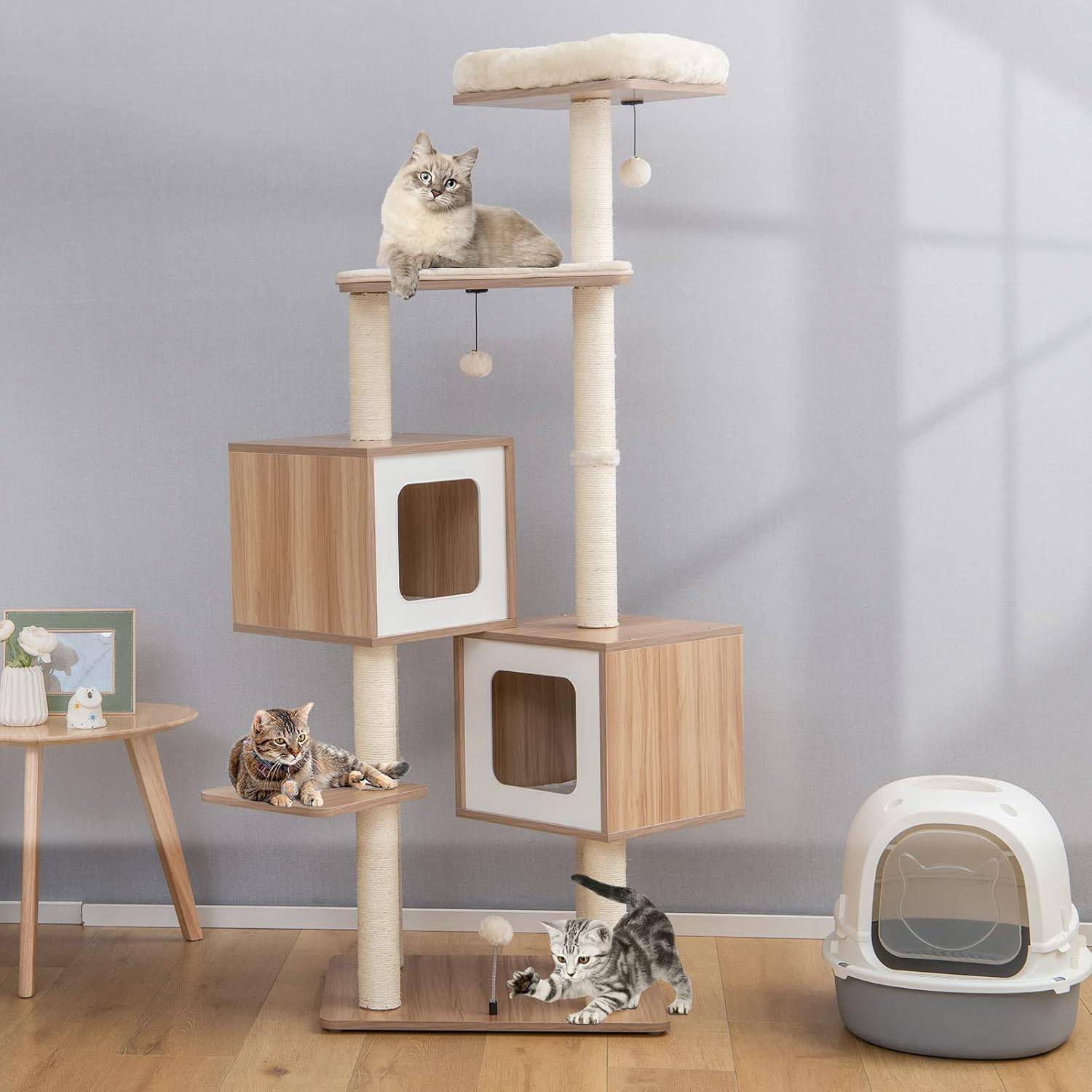 Arbre à Chat en Bois 163 CM avec 3 Plateformes, 2 Niches, 3 Balles, Naturel - Image 8