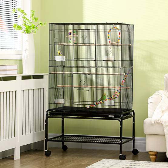 Cage à oiseaux sur pieds roulettes avec 4 mangeoires et 3 perchoirs 79 x 49 x 133 cm noir - Image 4