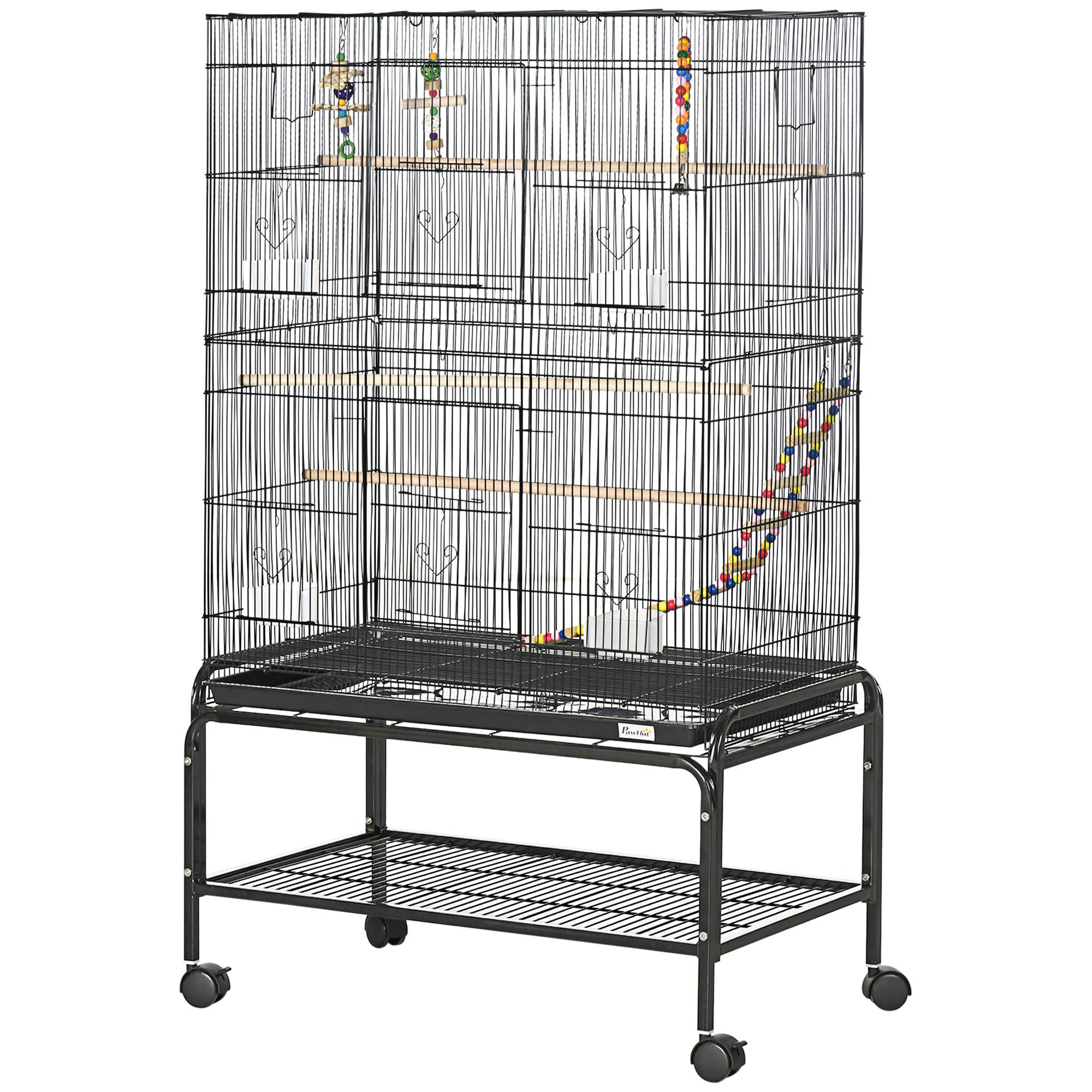 Cage à oiseaux sur pieds roulettes avec 4 mangeoires et 3 perchoirs 79 x 49 x 133 cm noir - Image 2