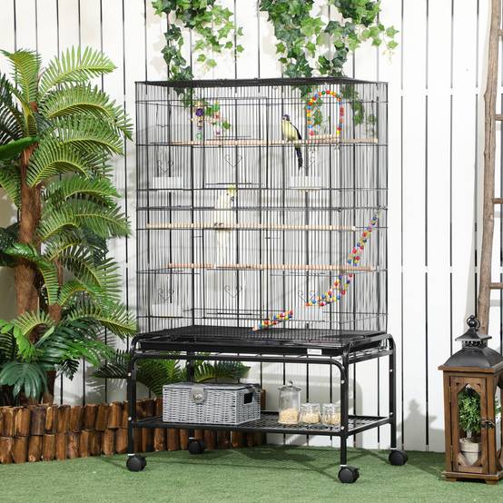 Cage à oiseaux sur pieds roulettes avec 4 mangeoires et 3 perchoirs 79 x 49 x 133 cm noir - Image 3