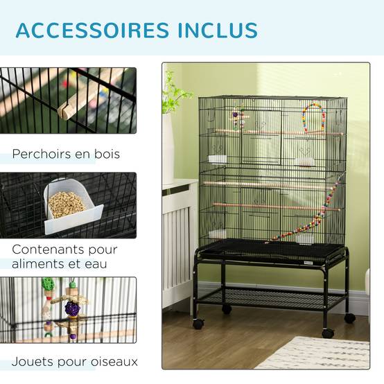 Cage à oiseaux sur pieds roulettes avec 4 mangeoires et 3 perchoirs 79 x 49 x 133 cm noir - Image 7