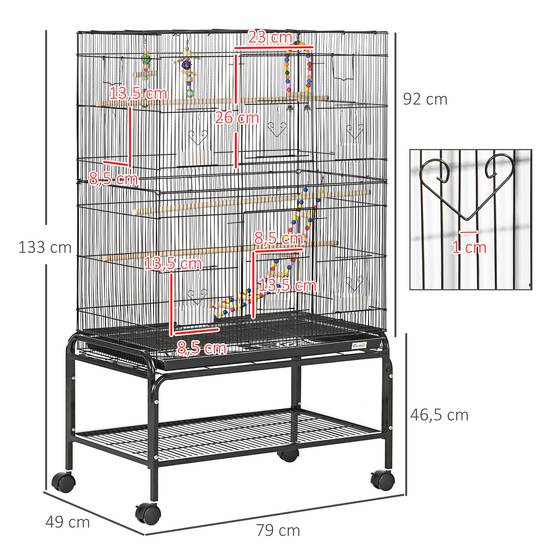 Cage à oiseaux sur pieds roulettes avec 4 mangeoires et 3 perchoirs 79 x 49 x 133 cm noir - Image 5
