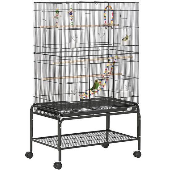 Cage à oiseaux sur pieds roulettes avec 4 mangeoires et 3 perchoirs 79 x 49 x 133 cm noir - Image 1