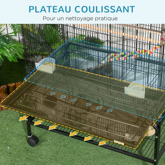 Cage à oiseaux sur pieds roulettes avec 4 mangeoires et 3 perchoirs 79 x 49 x 133 cm noir - Image 8