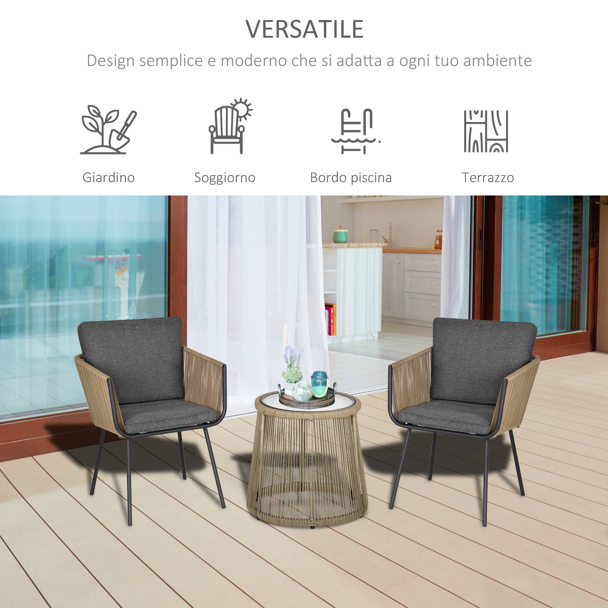 Ensemble 2 chaises et table d'extérieur en rotin PE style bohème, kaki et gris - Image 9