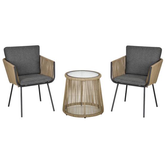 Ensemble 2 chaises et table d'extérieur en rotin PE style bohème, kaki et gris - Image 1