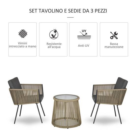 Ensemble 2 chaises et table d'extérieur en rotin PE style bohème, kaki et gris - Image 6