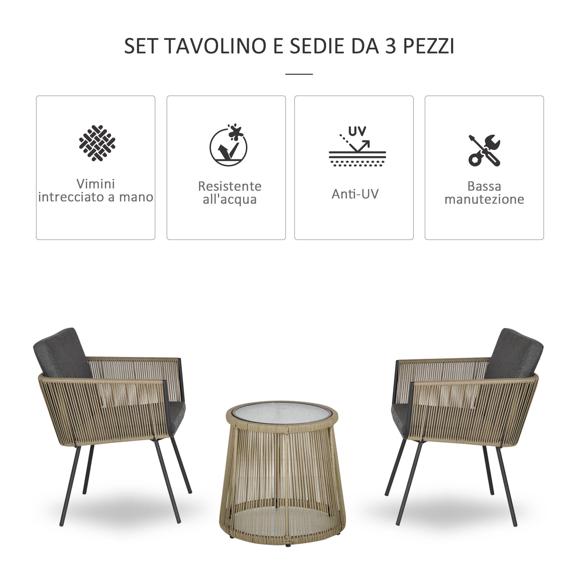 Ensemble 2 chaises et table d'extérieur en rotin PE style bohème, kaki et gris - Image 6