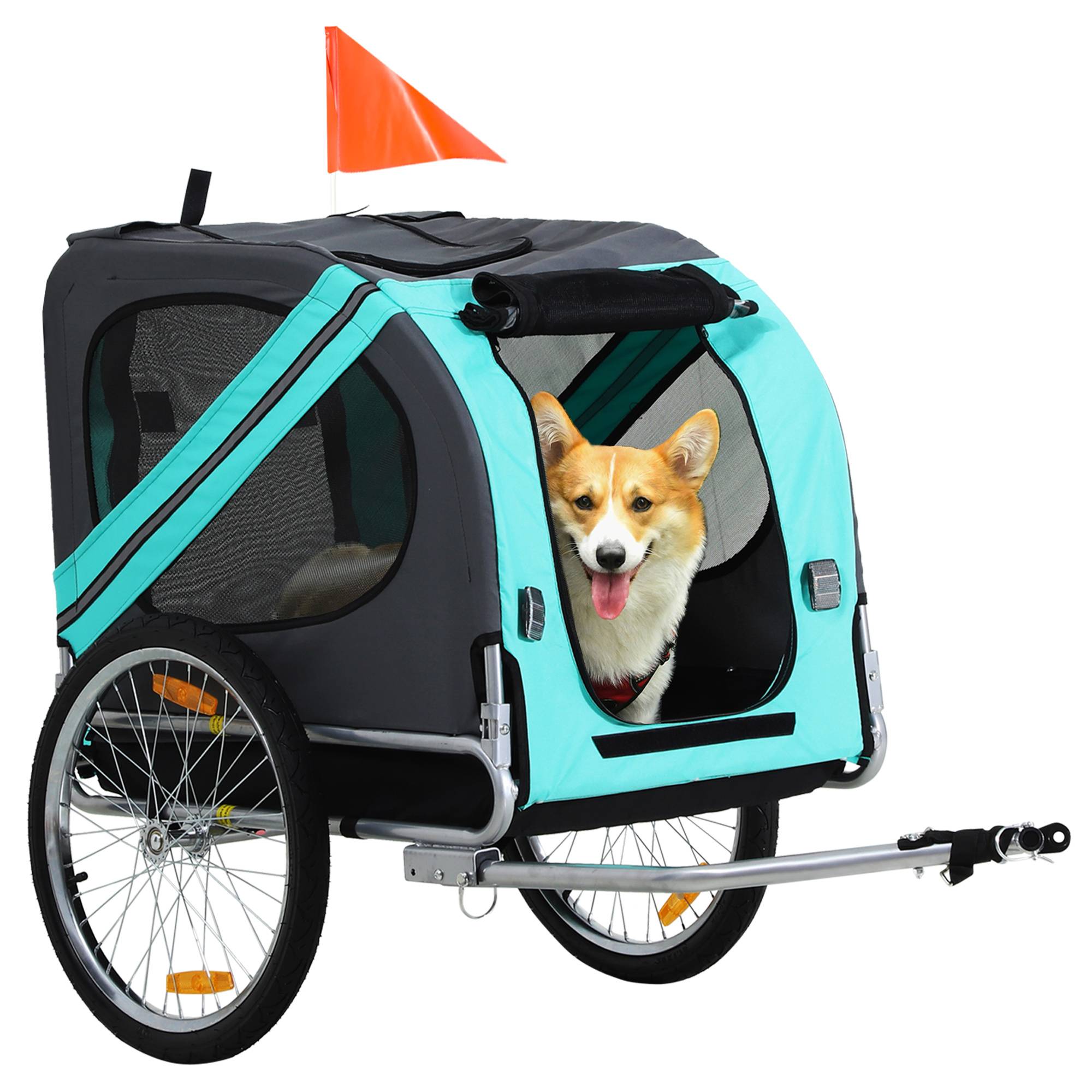 Remorque animal chien vélo pliable protection pluie acier gris+vert 130 x 73 x 90 cm - Image 1