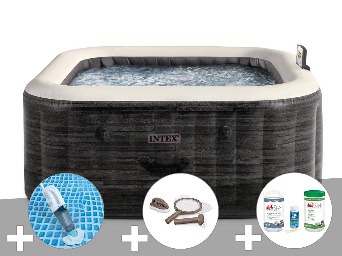 Kit spa gonflable Intex PureSpa Ardoise carré Bulles 4 places + Aspirateur + Kit d'entretien + Kit de traitement brome