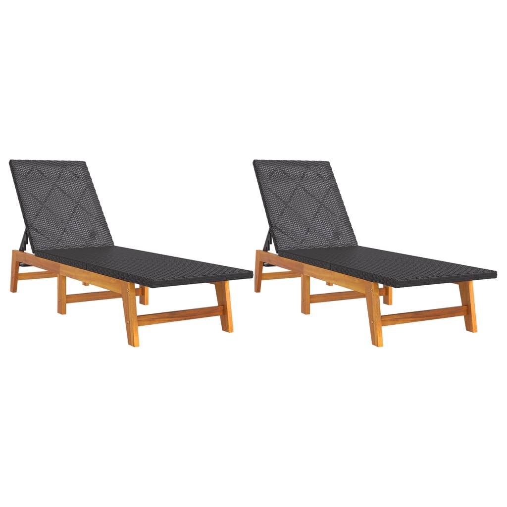 2 pcs Chaises longue | Transat | Bain de soleils noir/marron résine tressée/bois acacia