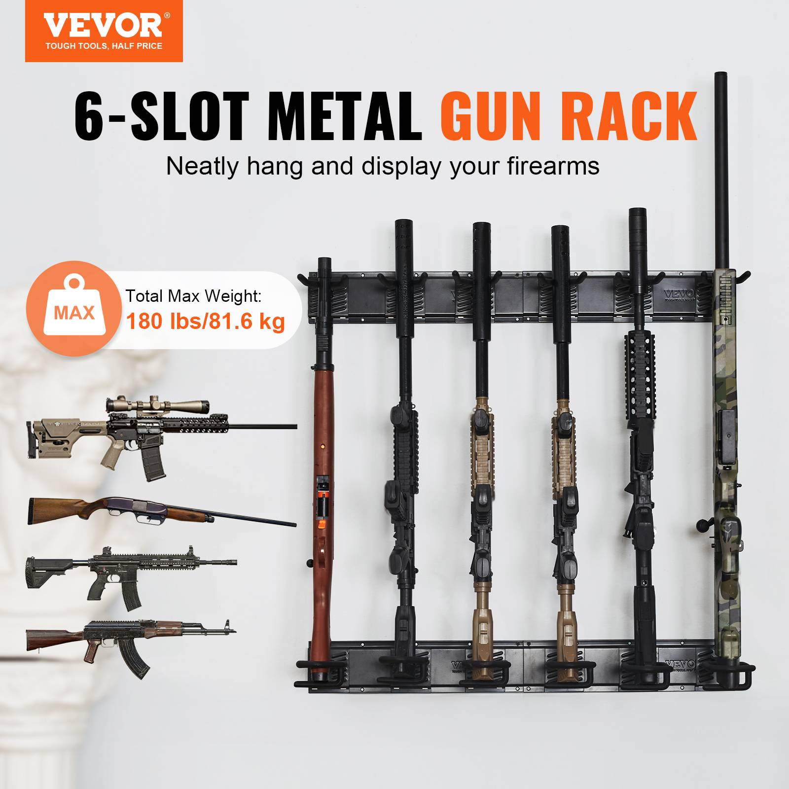 VEVOR Râtelier armes vertical 6 emplacements, métal, charge 81,6 kg. Support mural fusils. - Image 2