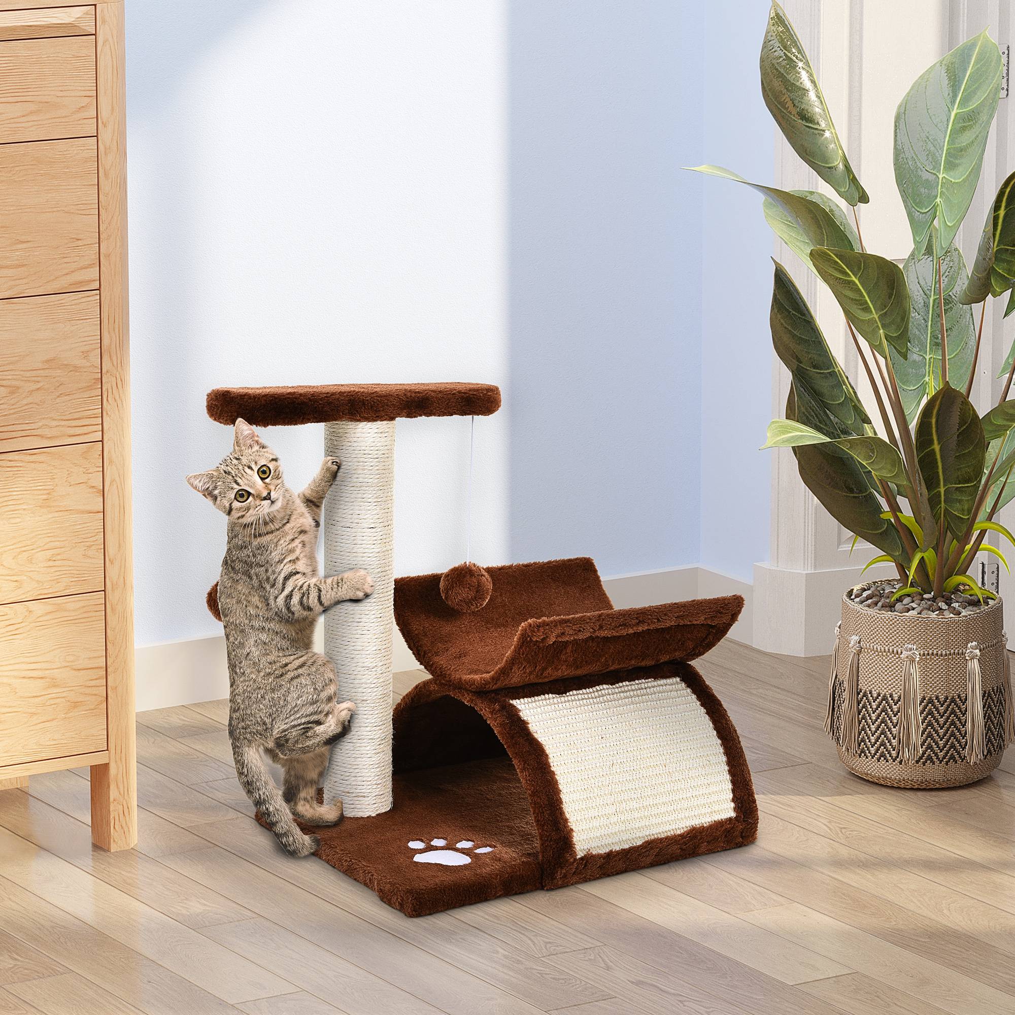 Petit Arbre à Chat Tunnel Bois pour Petits Chats Grimper Jouer 43cm Marron - ComfortXL Outdoor Living - Image 3