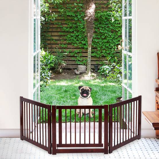 Barrière de porte pliable pour chien Barrière de sécurité pivotante pour animaux, en bois de pin, 206x1,8x61cm, Marron - Image 3