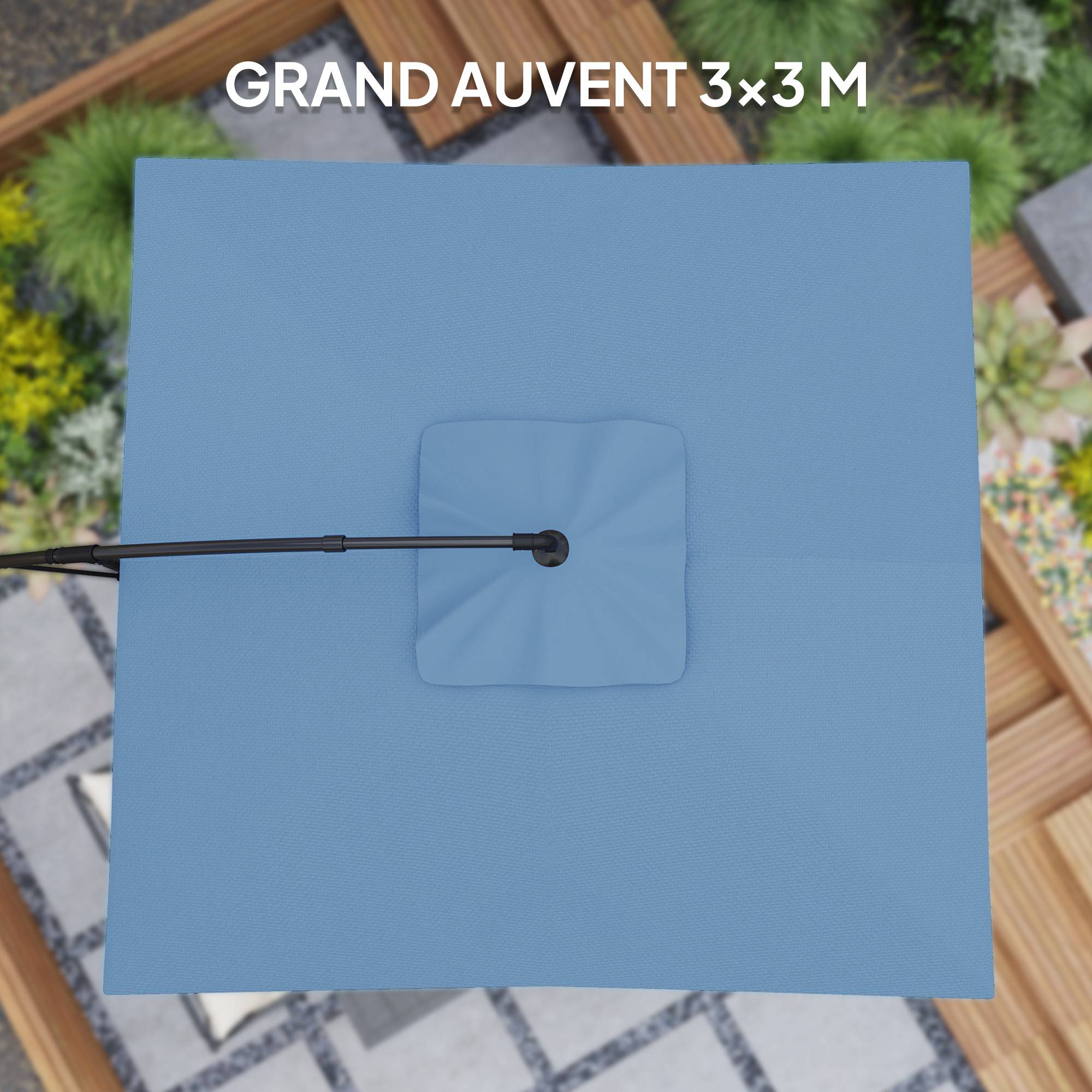 Outsunny - Parasol déporté carré 3x3m avec manivelle base croisée inclinable et rotation 360° toile polyester 180g/m² protection UV UPF50+ bleu - Outsunny - Image 4