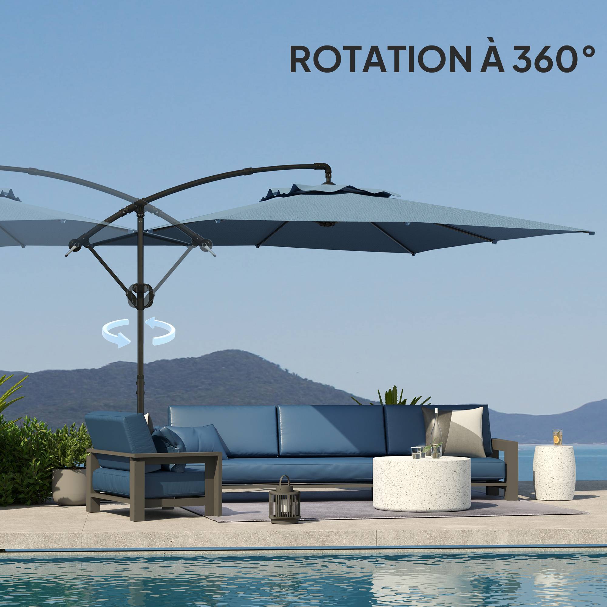 Outsunny - Parasol déporté carré 3x3m avec manivelle base croisée inclinable et rotation 360° toile polyester 180g/m² protection UV UPF50+ bleu - Outsunny - Image 5