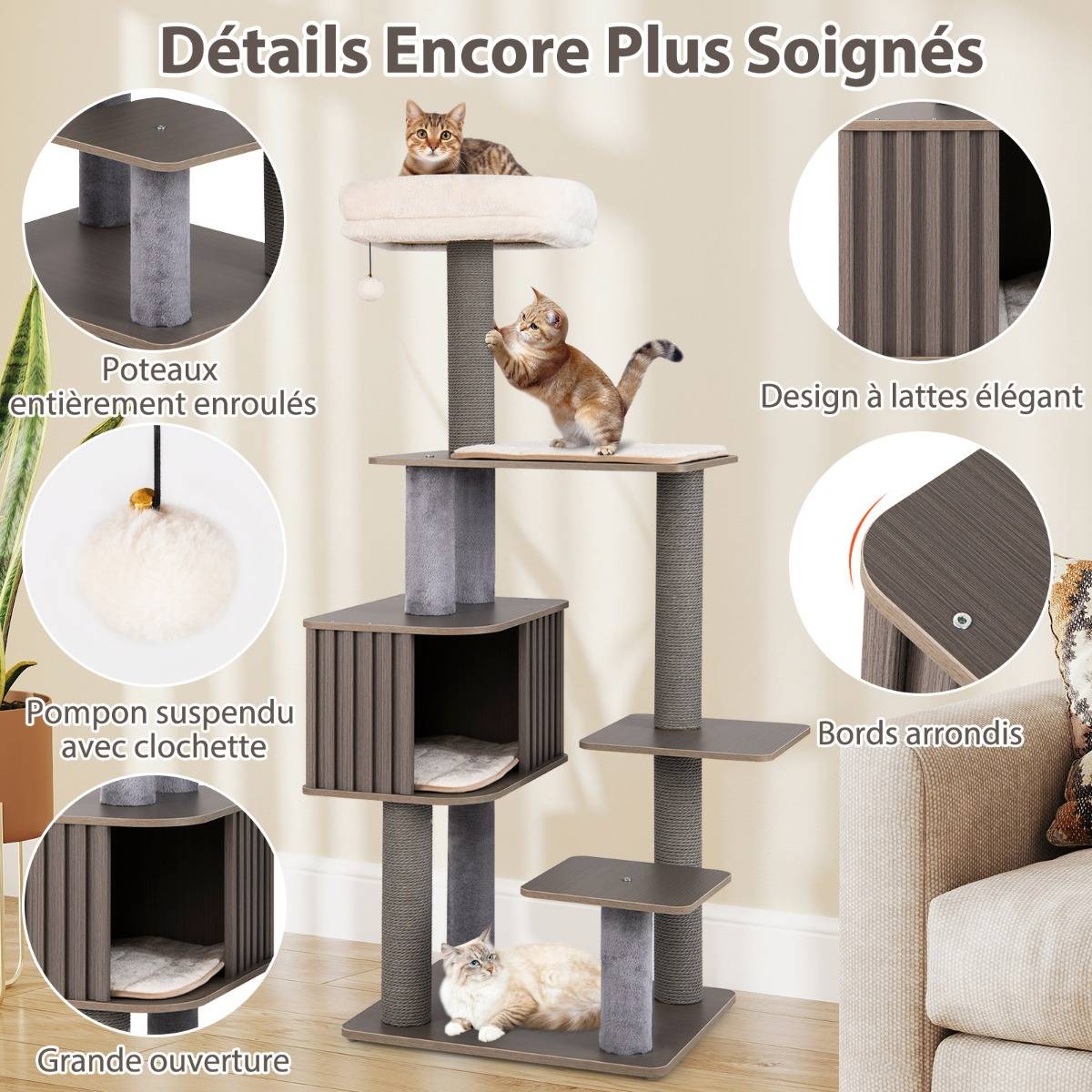 Arbre à Chat Multi-niveaux pour Chat d'Intérieur Tour à Chat de 151cm de Haut avec Perchoir - Image 5